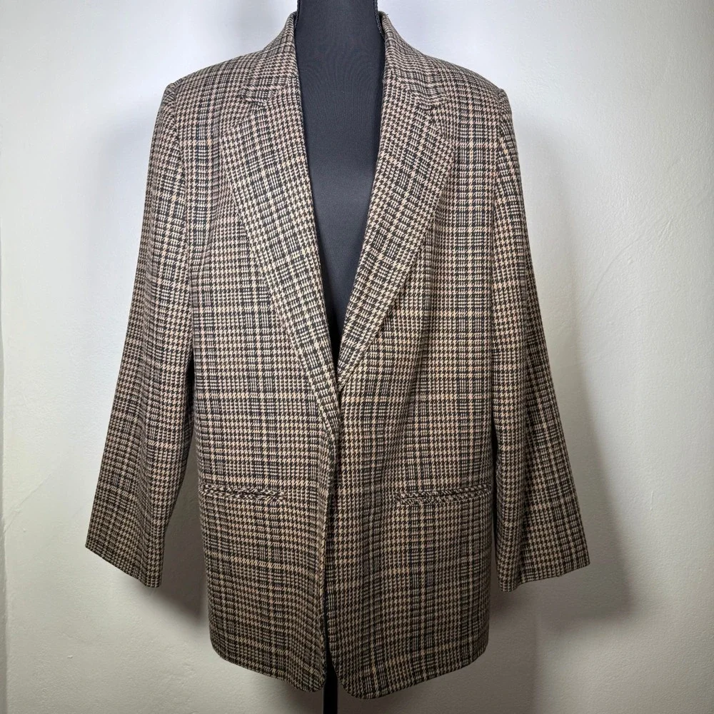 Vintage Sag Harbor Blazer Womens 14 Brown Black Houndstooth Academia Wool Grunge